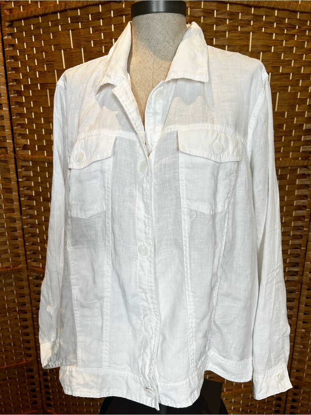 Cynthia Rowley 100% Linen Button Front Utility Shirt Jacket White 2X Coastal
